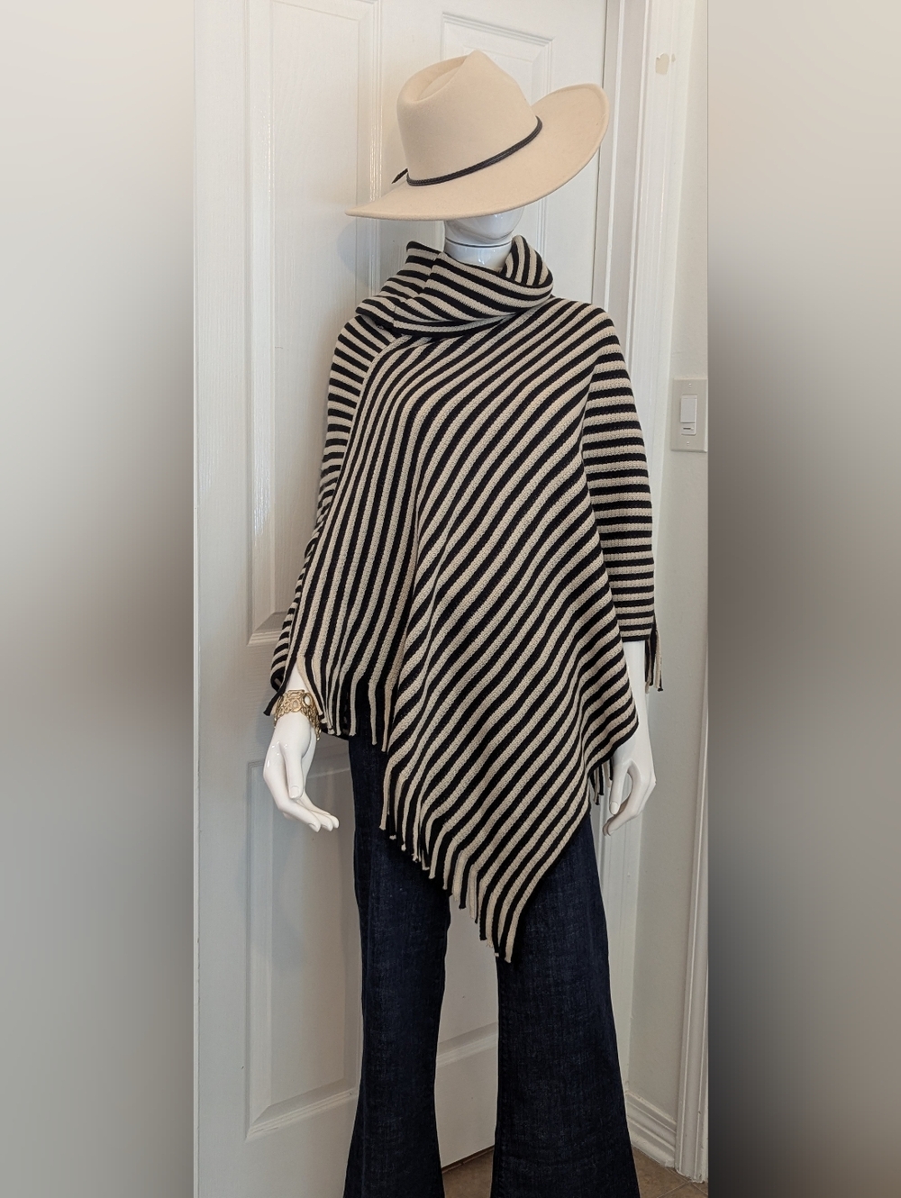 Vince Camuto Striped Black and Cream Knit High Neck Asimetric Poncho Small/M